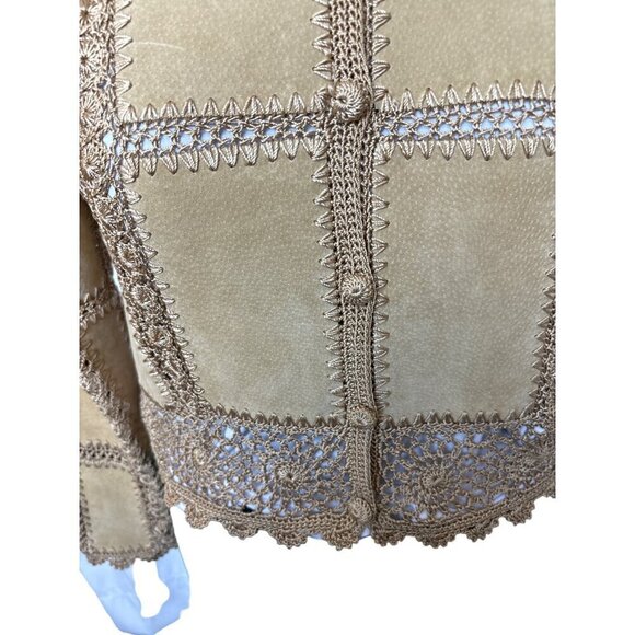 Vintage Overland Patchwork Cropped Jacket Women 8 Tan Suede Connected Crochet - Picture 4 of 11